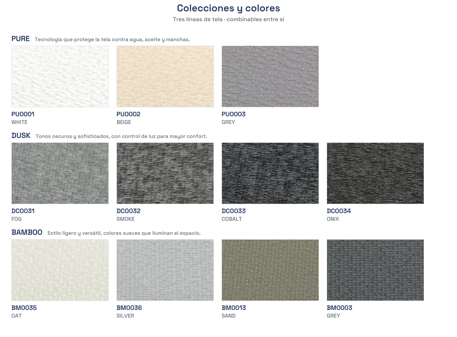 Colecciones y colores de tela Dreams: Pure, Dusk y Bamboo